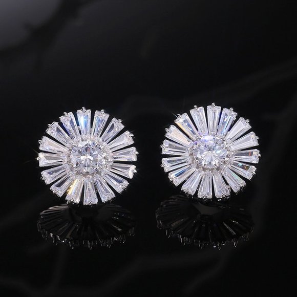 Silver Baguette Round Diamond Sunflower Earrings - Picture 6 of 9